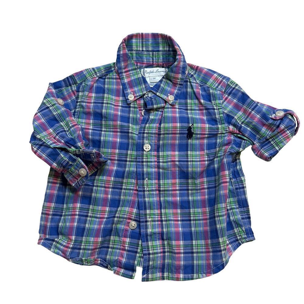 Ralph Lauren Blue Plaid Long Sleeve Button Down Shirt sz 3M